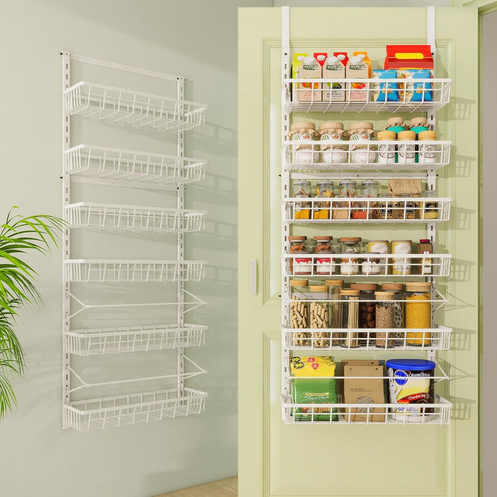 Over The Door Pantry Organizer, Wall Mount Spice Rack, Pantry Hanging Storage and Organization, 6 Adjustable Baskets