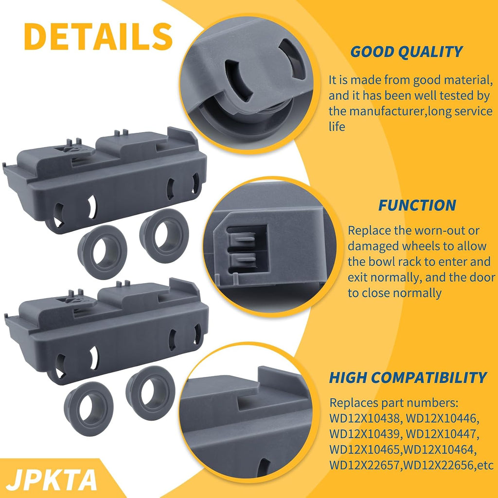 WD28X27241 Dishwasher Lower Rack Wheels Carrier Kit Replacement Part Compatible with GE Dishwasher Baskets Roller Assembly L and R Side Replaces for WD12X10439 WD12X10438 Pack of 2