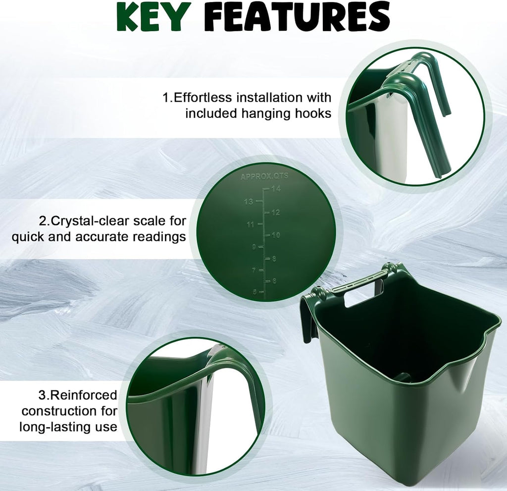 Horse Feed Bucket, 15 Quart Plastic Stall Hook Over, Green 4-Pack