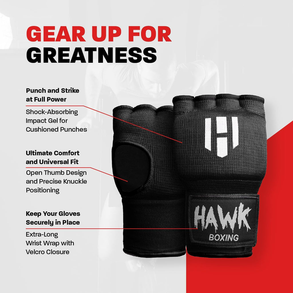 Hawk Padded Inner Gloves Training Gel Elastic Hand Wraps for Boxing Gloves Quick Wraps Men & Women Kickboxing Muay