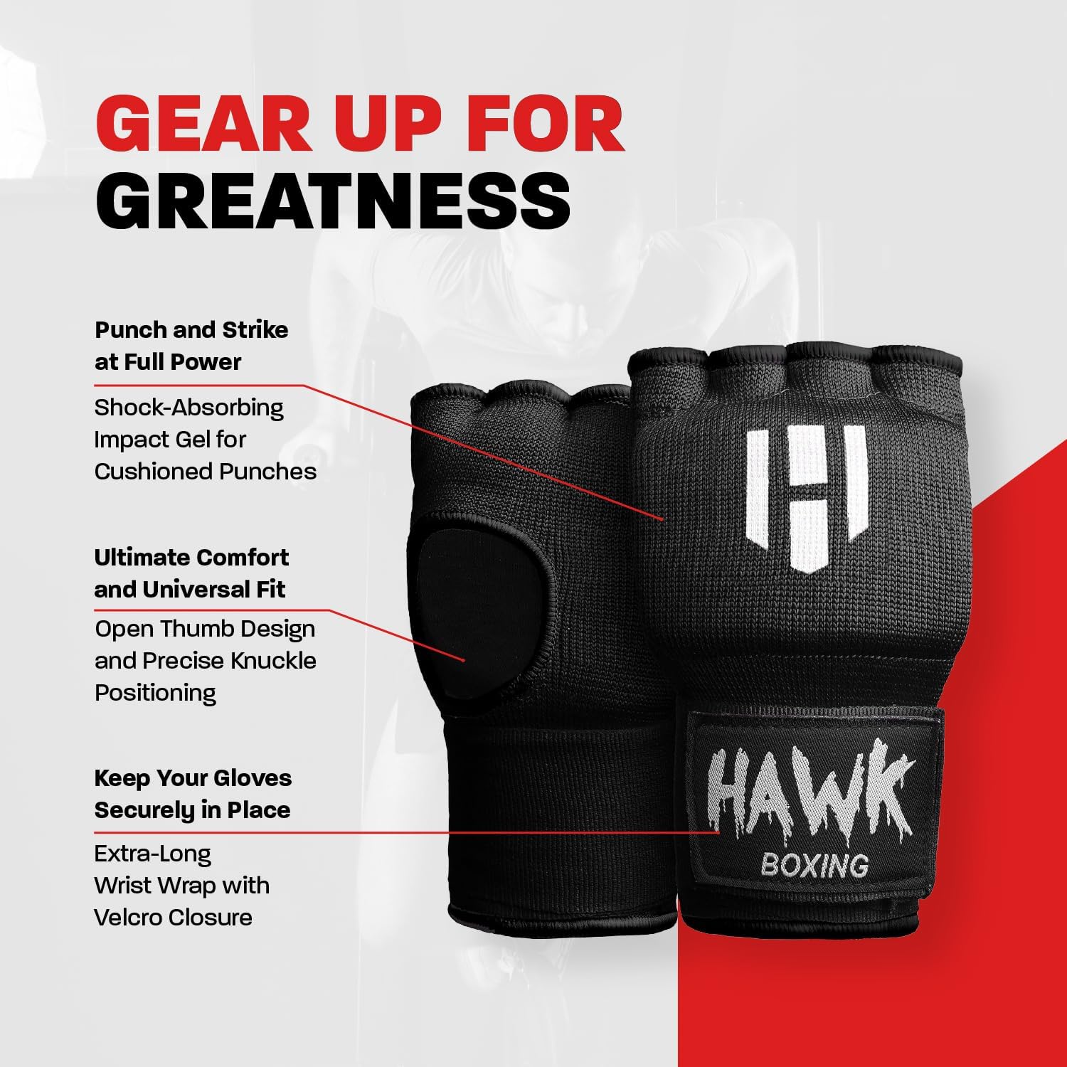Hawk Padded Inner Gloves Training Gel Elastic Hand Wraps for Boxing Gloves Quick Wraps Men & Women Kickboxing Muay