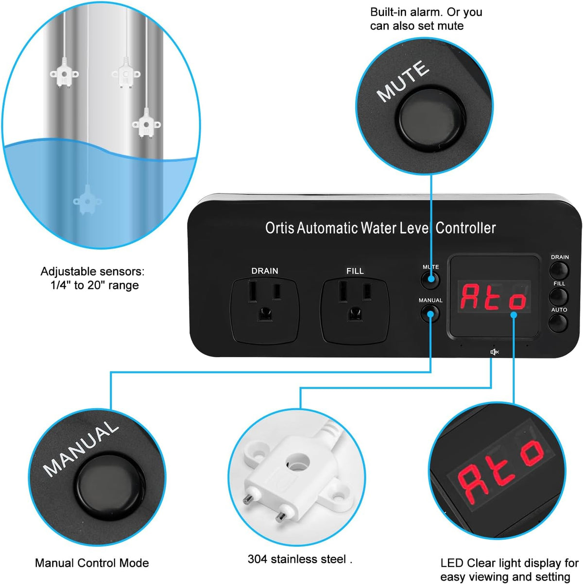 Auto Top Off System, Ortis Water Refiller, Automatic Water Level Controller for Aquariums, Fish Tanks, Swimming