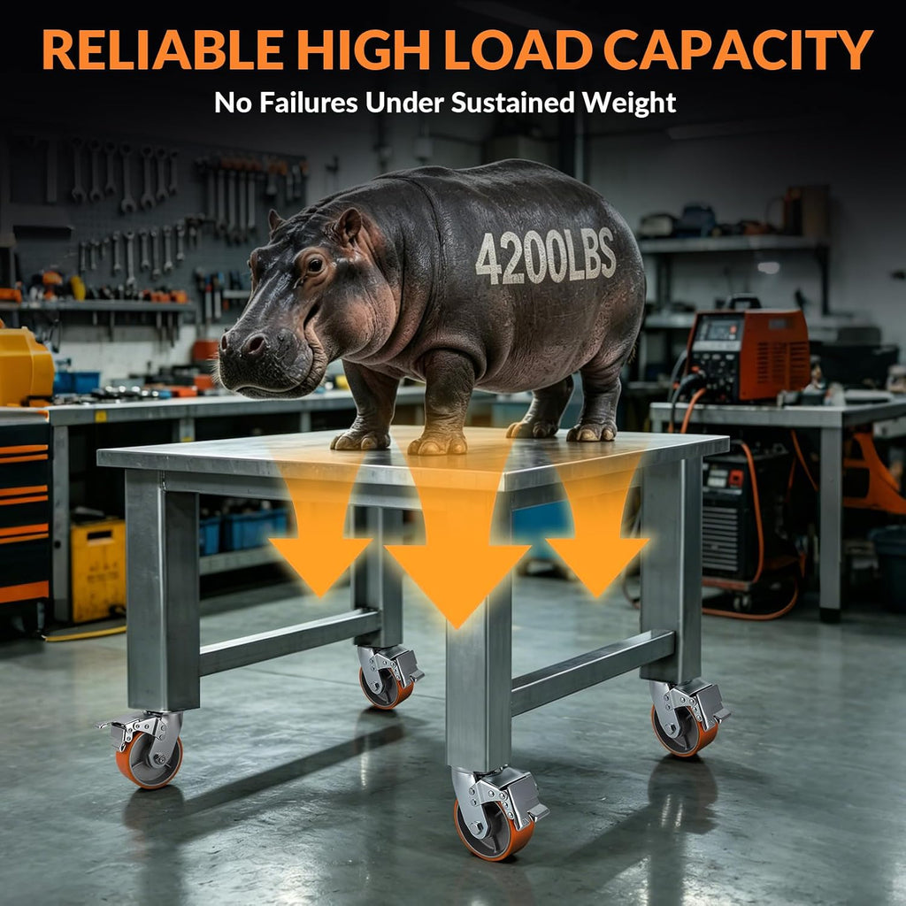 5" Caster Wheels, Heavy-Duty Casters Set 4 - Total Locking with Swivel | 4200 LBS Load, Non-Marking Polyurethane on