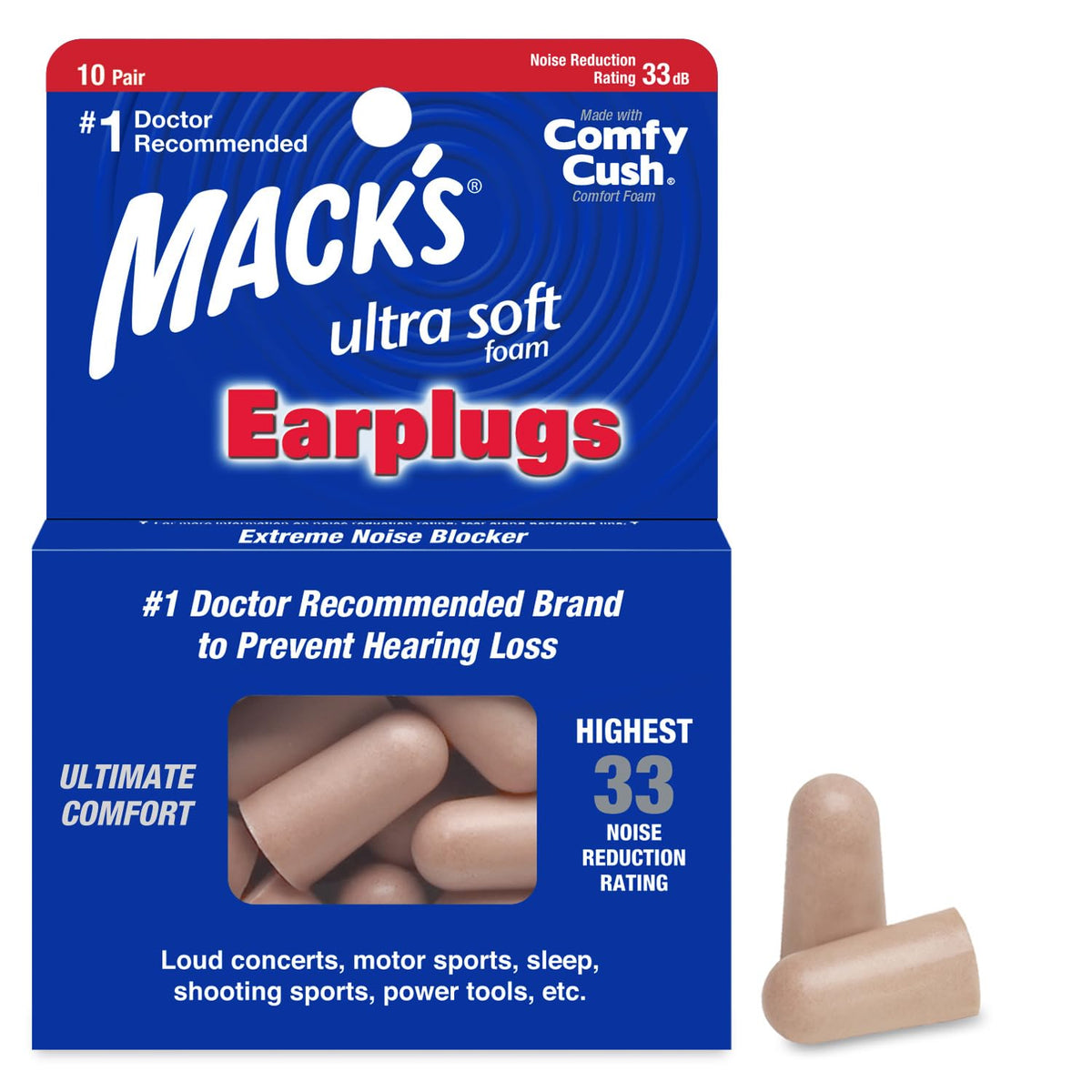 Ultra Soft Foam Earplugs, 10 Pair - 33dB Highest NRR, Comfortable Ear Plugs for Sleeping, Snoring, Work, Travel and
