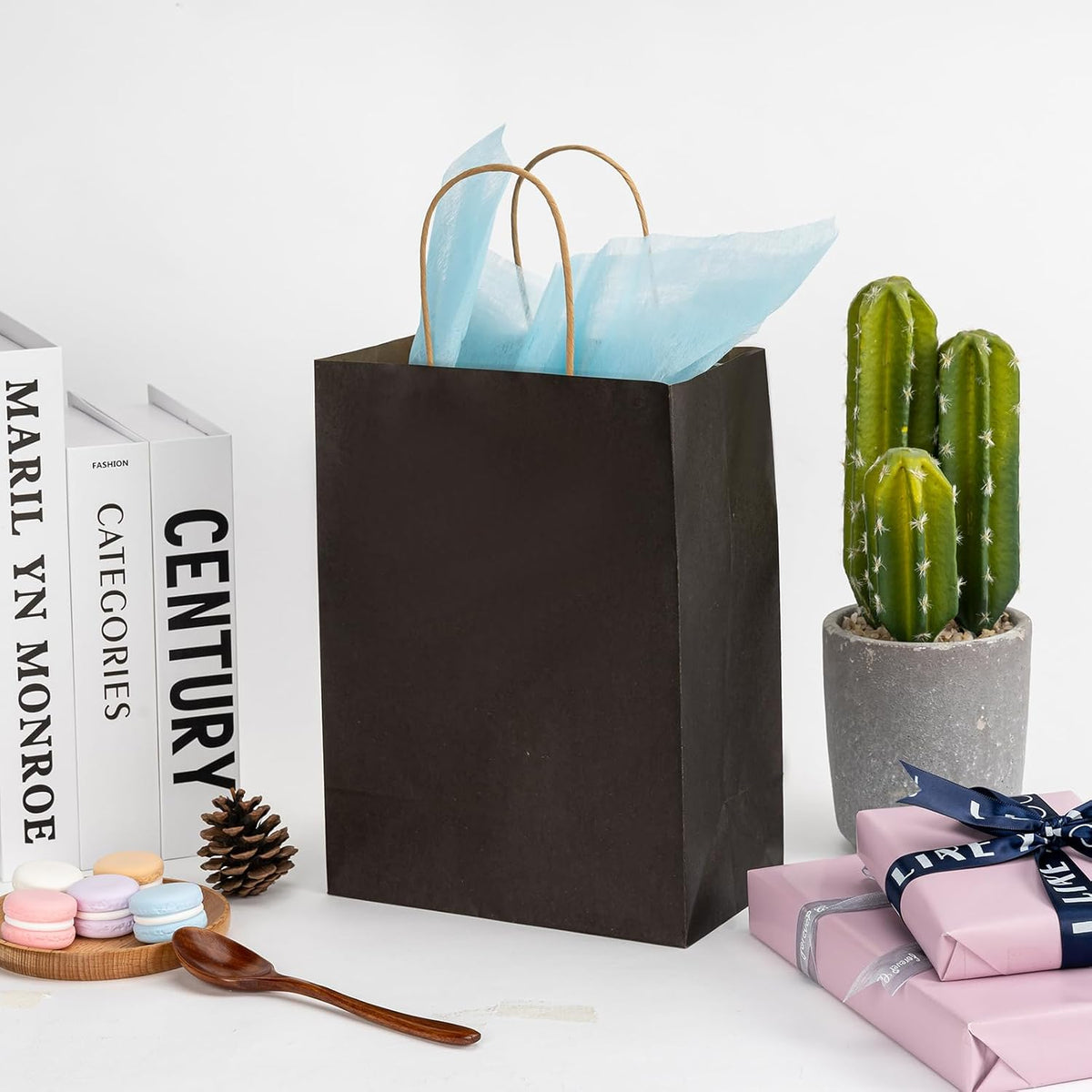 Black Gift Paper Bags 100 Pack 8x4.5x10.8 in with Handles