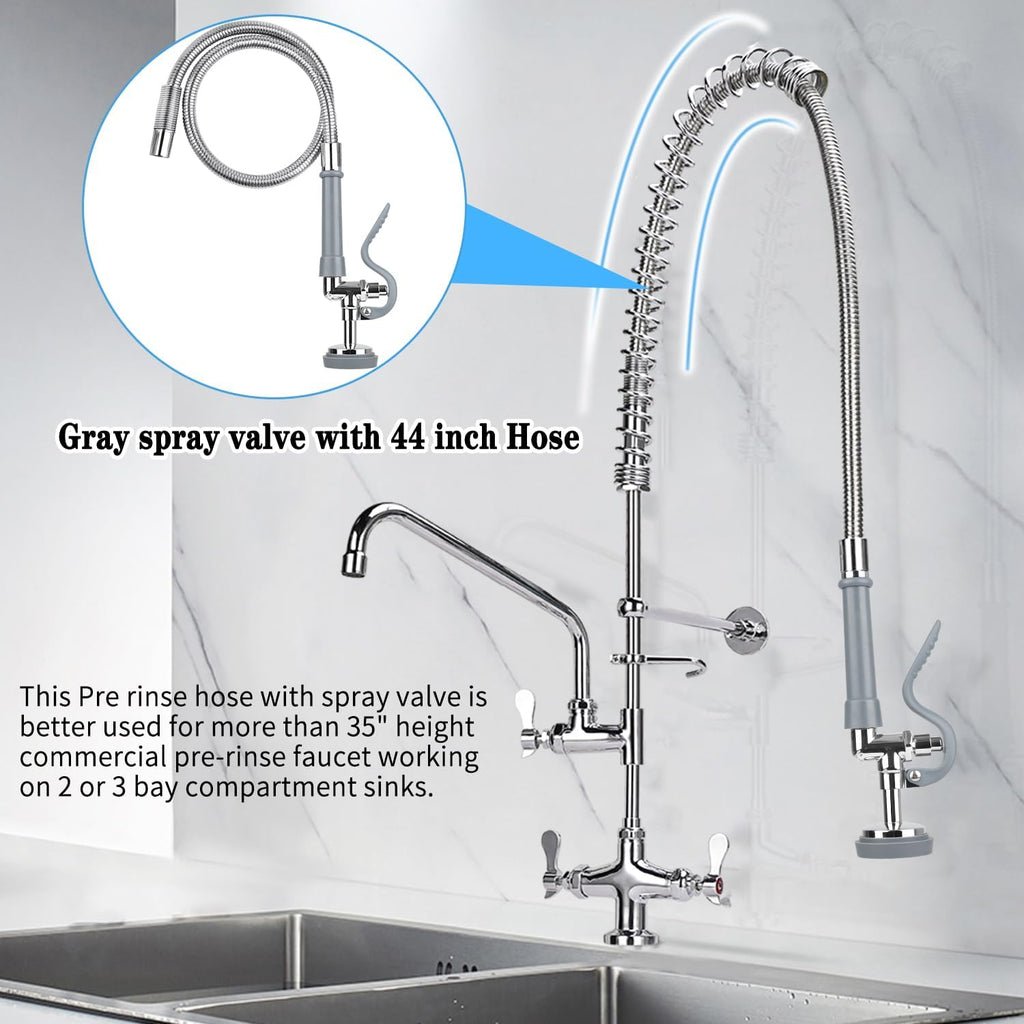 Pre Rinse Spray Valve with Stainless Hose 44inch Flexible Commercial Sink Faucet Replacement Kit 1.42GPM High