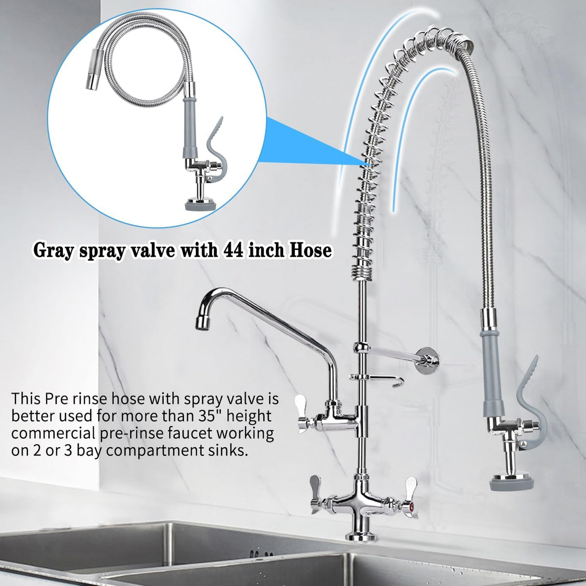 Pre Rinse Spray Valve with Stainless Hose 44inch Flexible Commercial Sink Faucet Replacement Kit 1.42GPM High