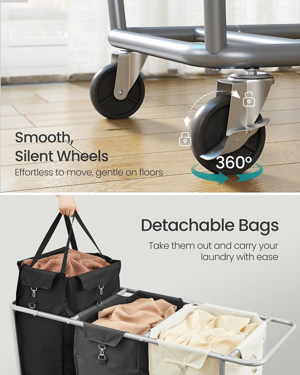 Laundry Basket with Wheels, 3-Section Laundry Sorter, 76.6 Gallons (290 L) Rolling Hamper with Removable Bags