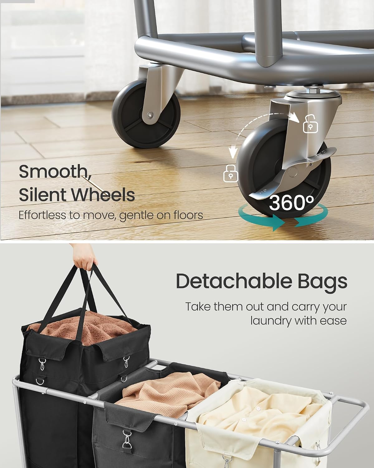 Laundry Basket with Wheels, 3-Section Laundry Sorter, 76.6 Gallons (290 L) Rolling Hamper with Removable Bags