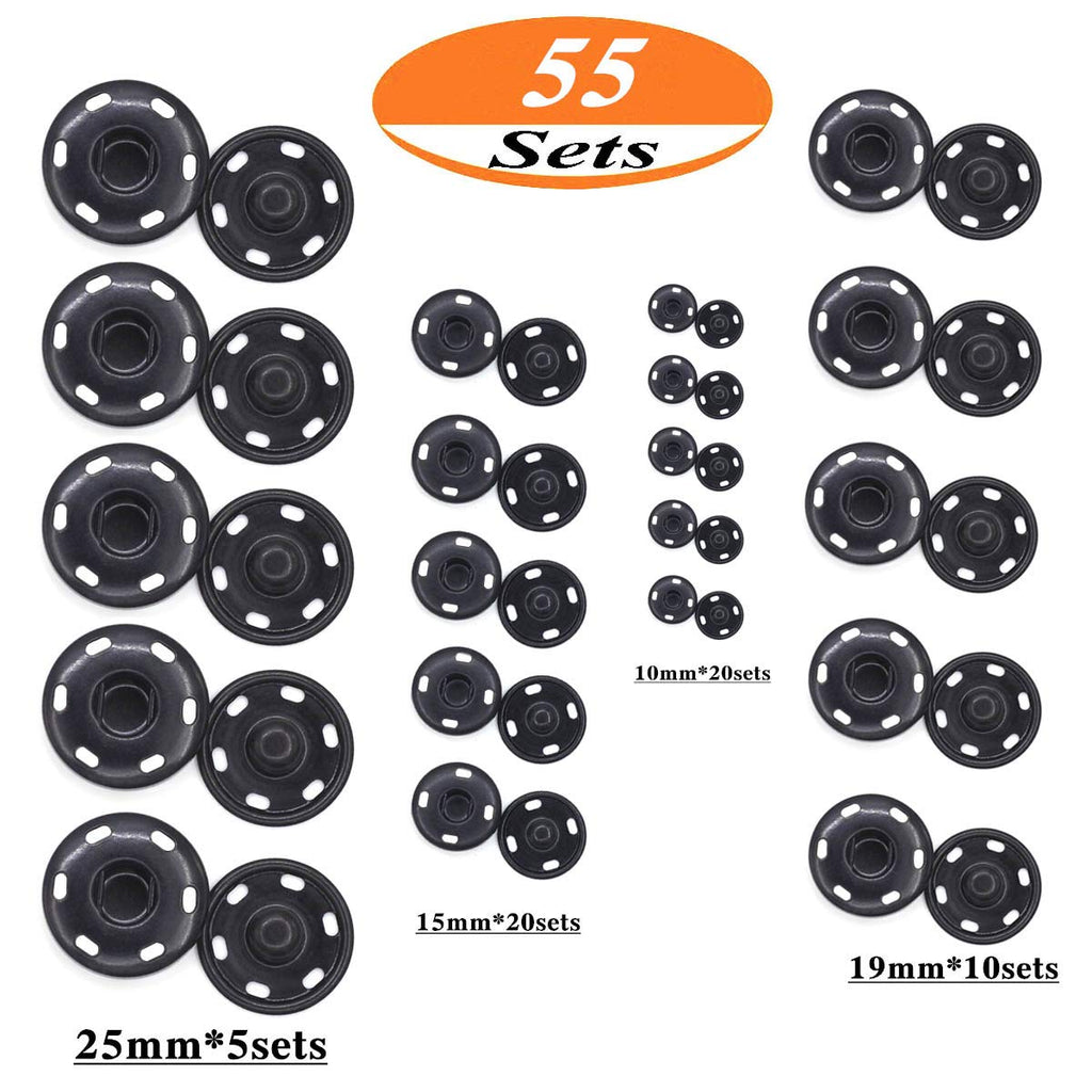 55 Sets Sew-on Snap Buttons Metal Snap Fastener, Black