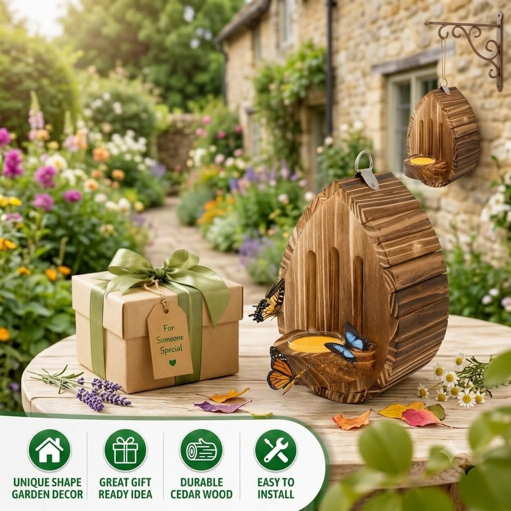 Butterfly House for Outside, Wooden Butterfly Habitat & Feeder for Garden, Teardrop-Shaped Hanging Nesting Box for