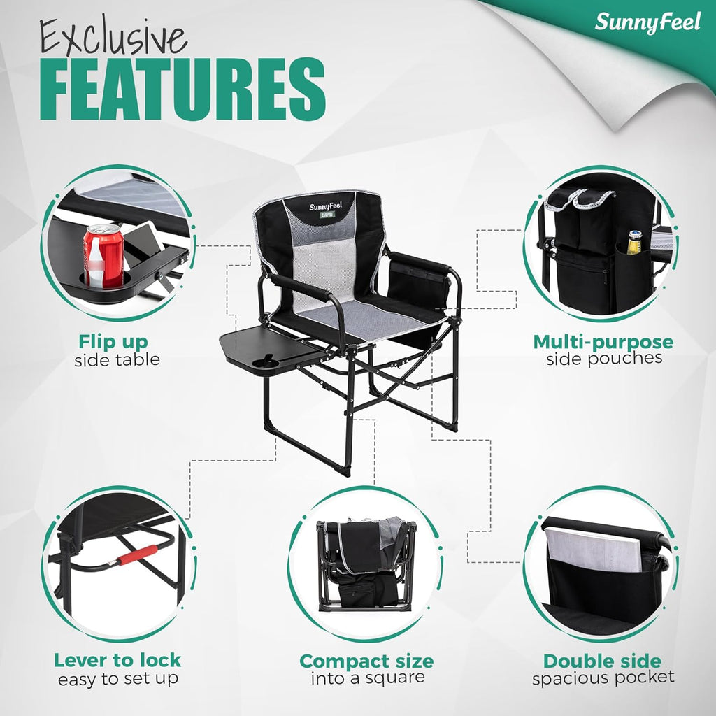 Camping Directors Chair, Heavy Duty,Oversized Portable Folding Chair with Side Table, Pocket for Beach