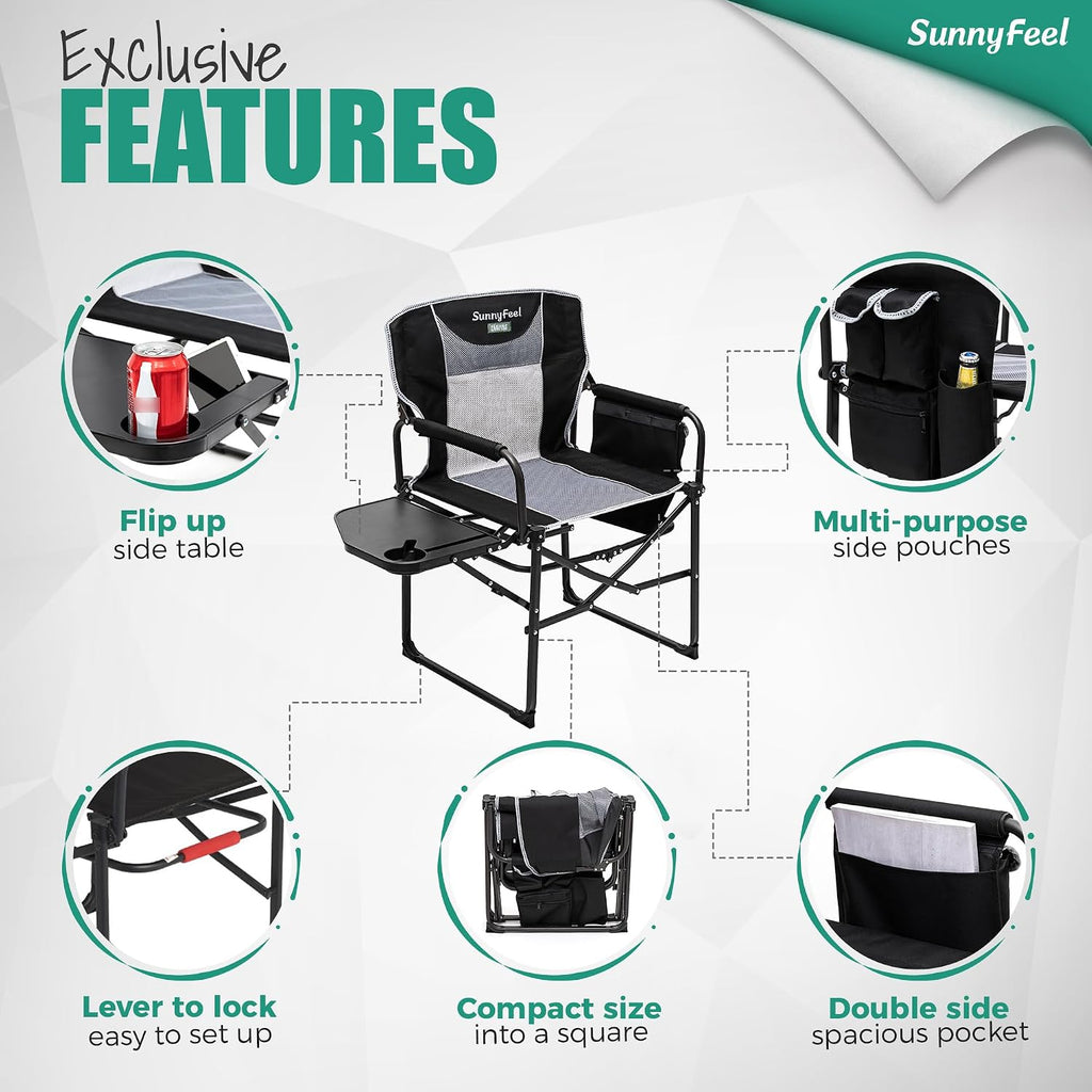 Camping Directors Chair, Heavy Duty,Oversized Portable Folding Chair with Side Table, Pocket for Beach