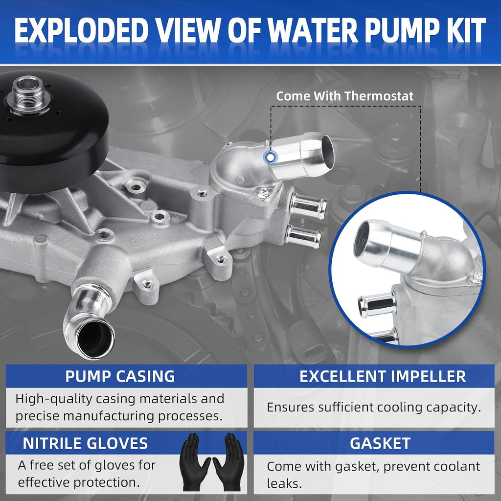 Professional AW5104 Water Pump Kit with Thermostat Gasket Fits For Chevy Silverado Tahoe Suburban Trailblazer Express, GMC Sierra Yukon, Buick, Cadillac, Hummer, Isuzu, 4.8L/5.3L/6.0L V8 Engine