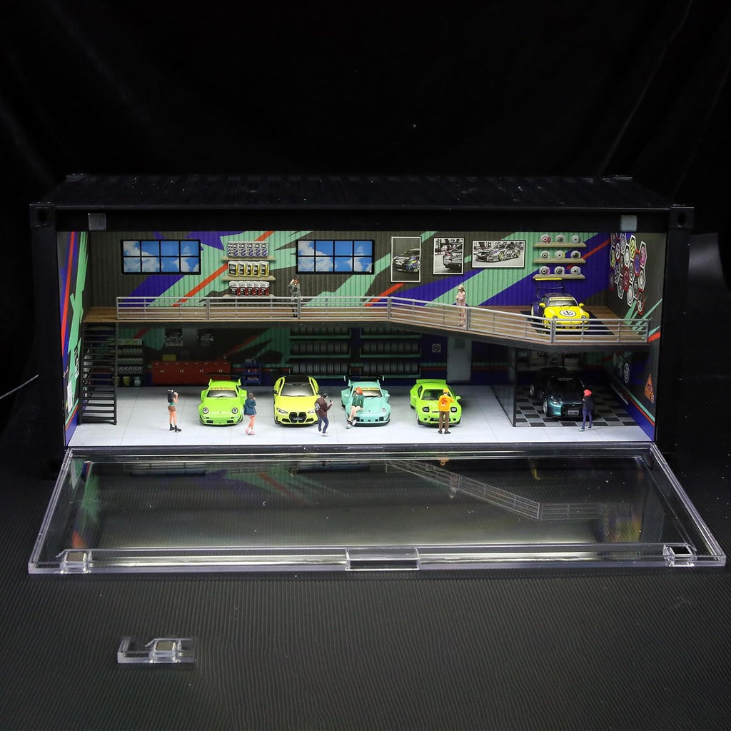 1/64 Scale Display Case with LED Light–Container Box Style Garage Diorama | Compatible with Hot Wheels Matchbox Mini