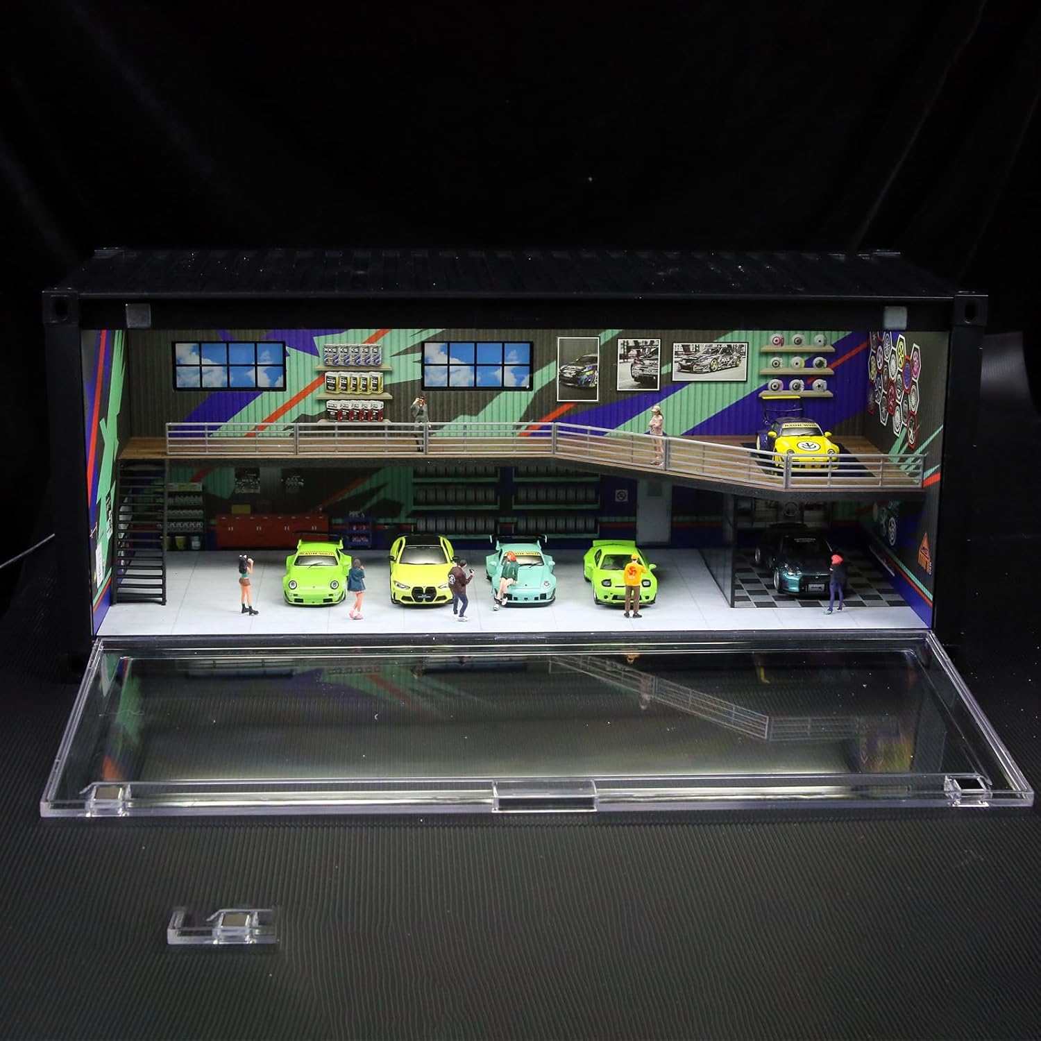 1/64 Scale Display Case with LED Light–Container Box Style Garage Diorama | Compatible with Hot Wheels Matchbox Mini