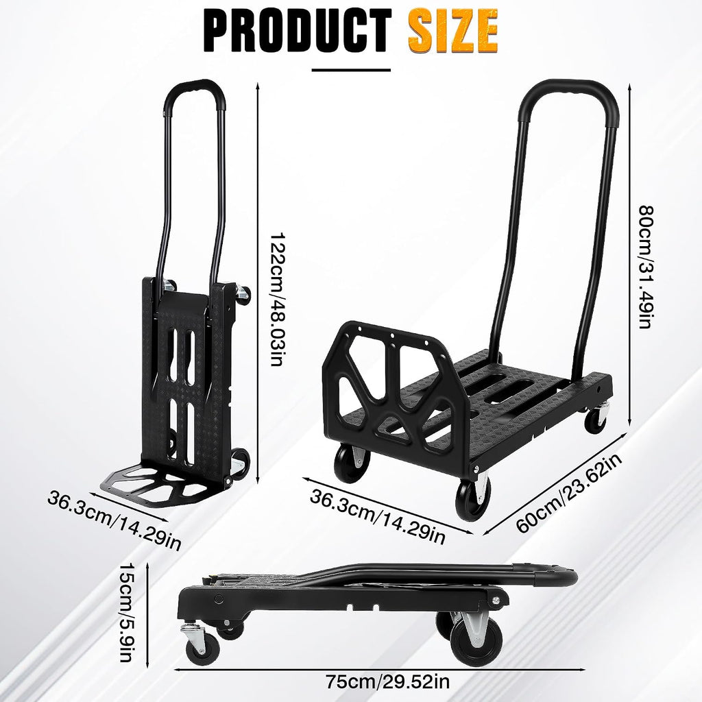 Folding Hand Truck with 4-Wheel Mode, 2 in 1 Collapsible Push Cart & Fold-Up Toe Plate – 300lbs Heavy Duty Dolly Pull