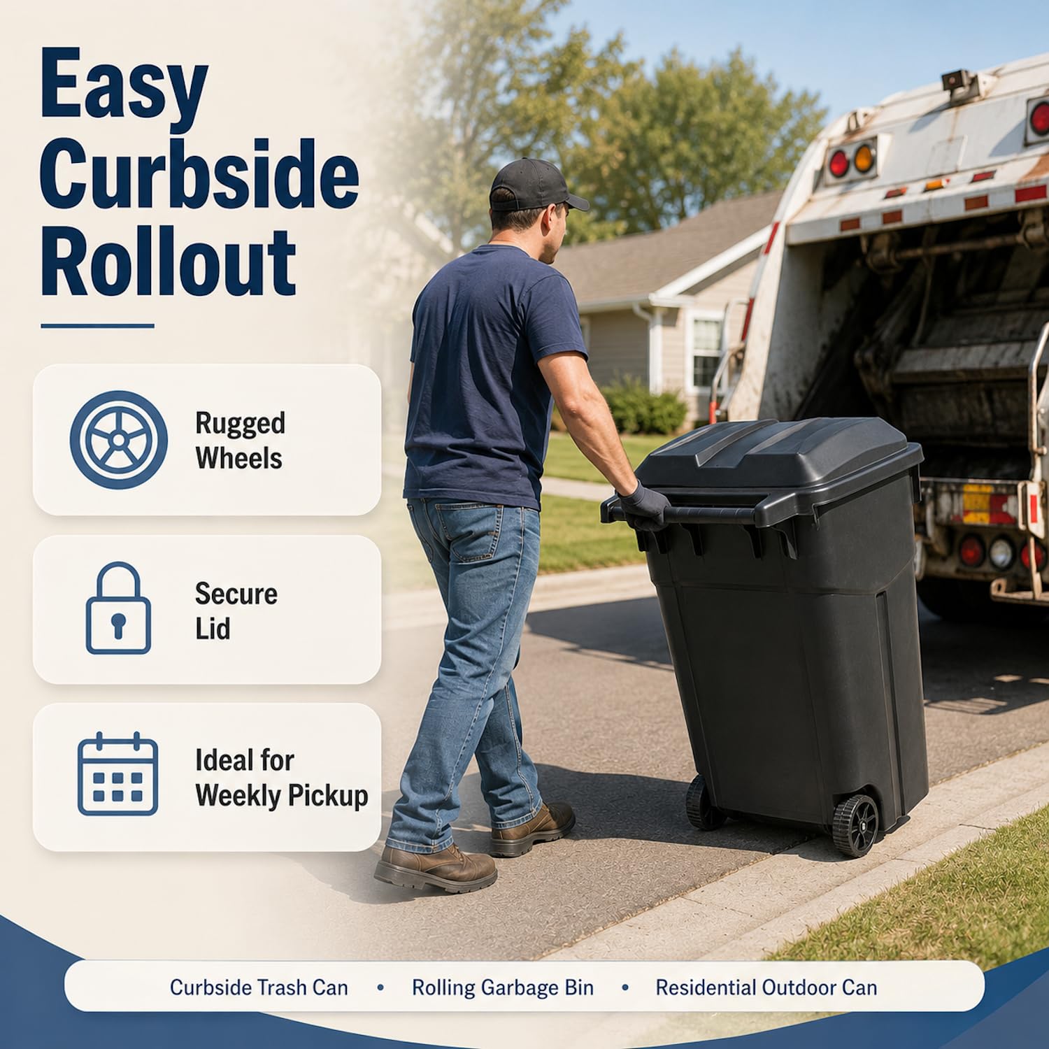 32 Gallon Wheeled Outdoor Trash Can with Secure Lid, Rolling Garbage Bin | 32-45 gallon capacity, durable