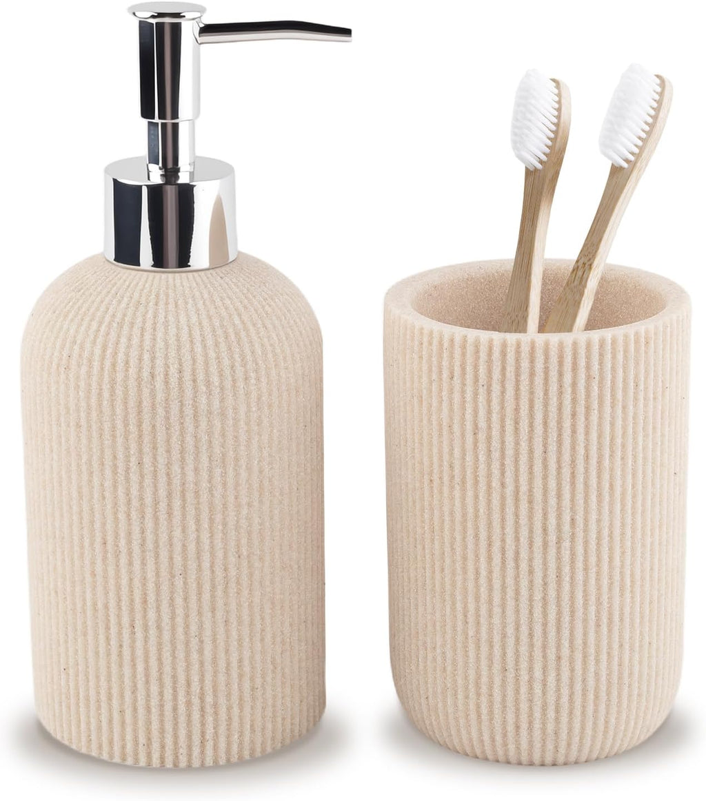 Beige Bathroom Accessories Set Include Soap Dispenser and Toothbrush Holder | Modern Stripe Design, Resin Bathroom