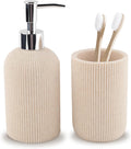 Beige Bathroom Accessories Set Include Soap Dispenser and Toothbrush Holder | Modern Stripe Design, Resin Bathroom