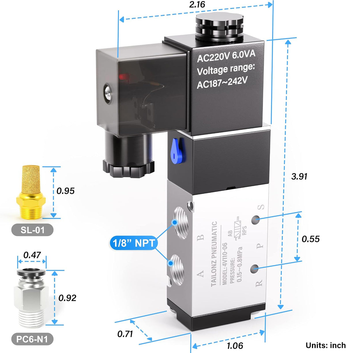 TAILONZ 1/8"NPT AC220V Solenoid Valve 2Position 5Way Junction Box 4V110-06