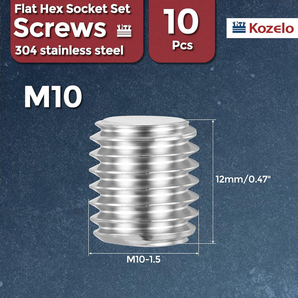 10pcs Flat Hex Socket Set Screws-M10-1.5x12mm 18-8 Stainless Steel