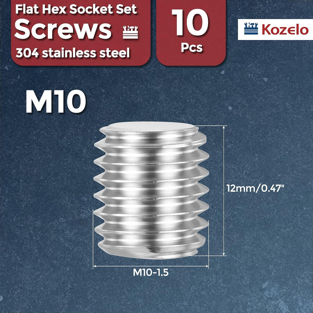 10pcs Flat Hex Socket Set Screws-M10-1.5x12mm 18-8 Stainless Steel