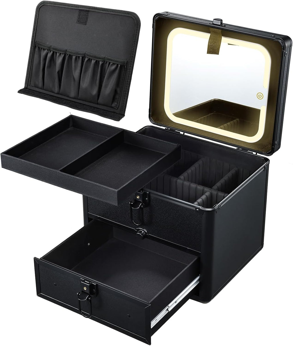 Makeup Case with Drawer, Detachable Lighted LED Mirror, Makeup Organizer Box Travel Make up Vanity Case Portable