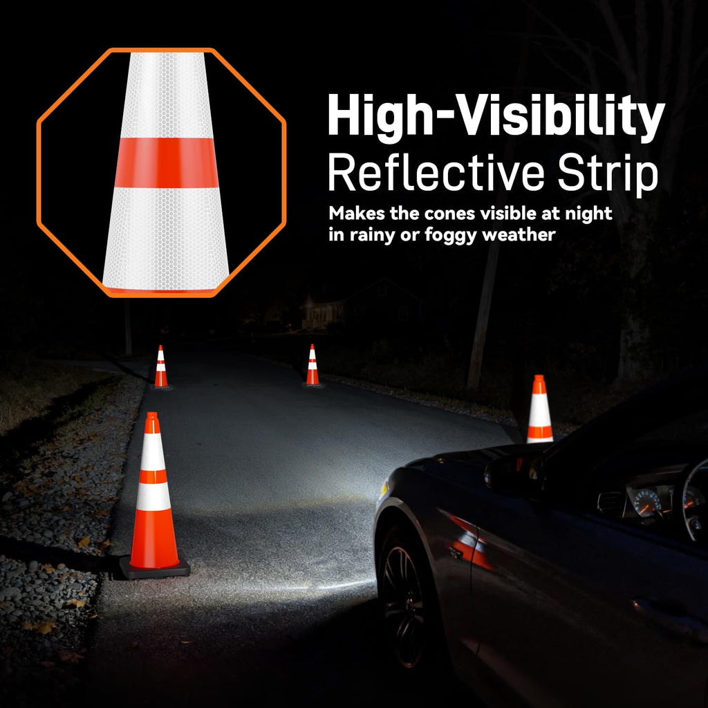 6 Pack 28" Traffic Cones with Weighted Base, Orange | Reflective Strip Aids Visibility; Stackable Storage; PVC