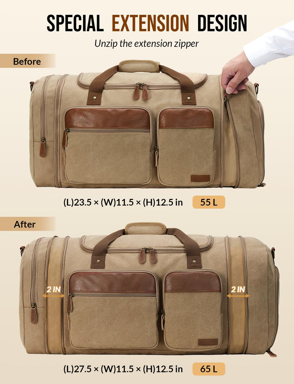 Canvas Duffle Bag for Travel 65L Expandable, Brown