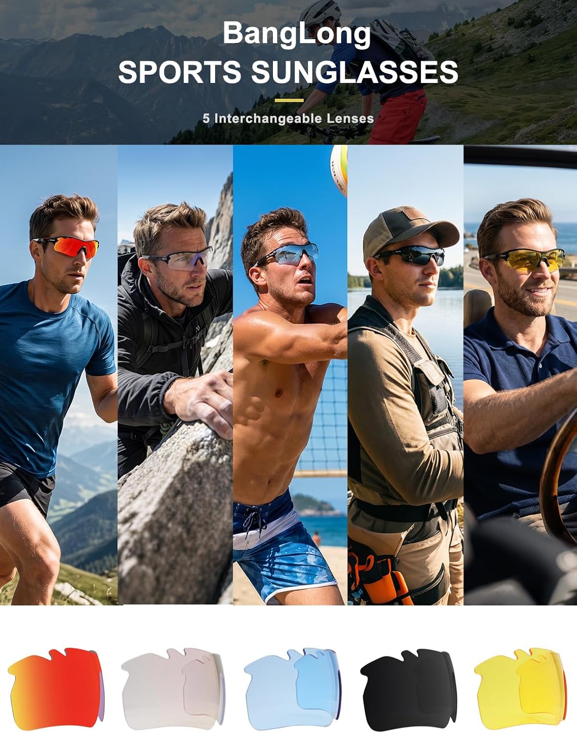 Polarized UV400 Sports Sunglasses with 5 Lenses for Men Women | TR90 Flexible Frame, 5 Interchangeable Lens with RX