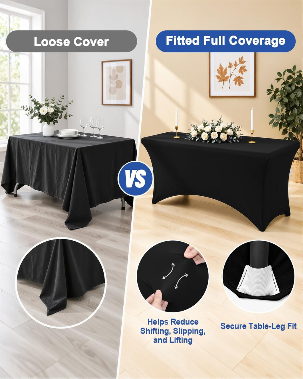 2 Pack Spandex Table Cloth 6FT, Elastic Fitted Black Tablecloth