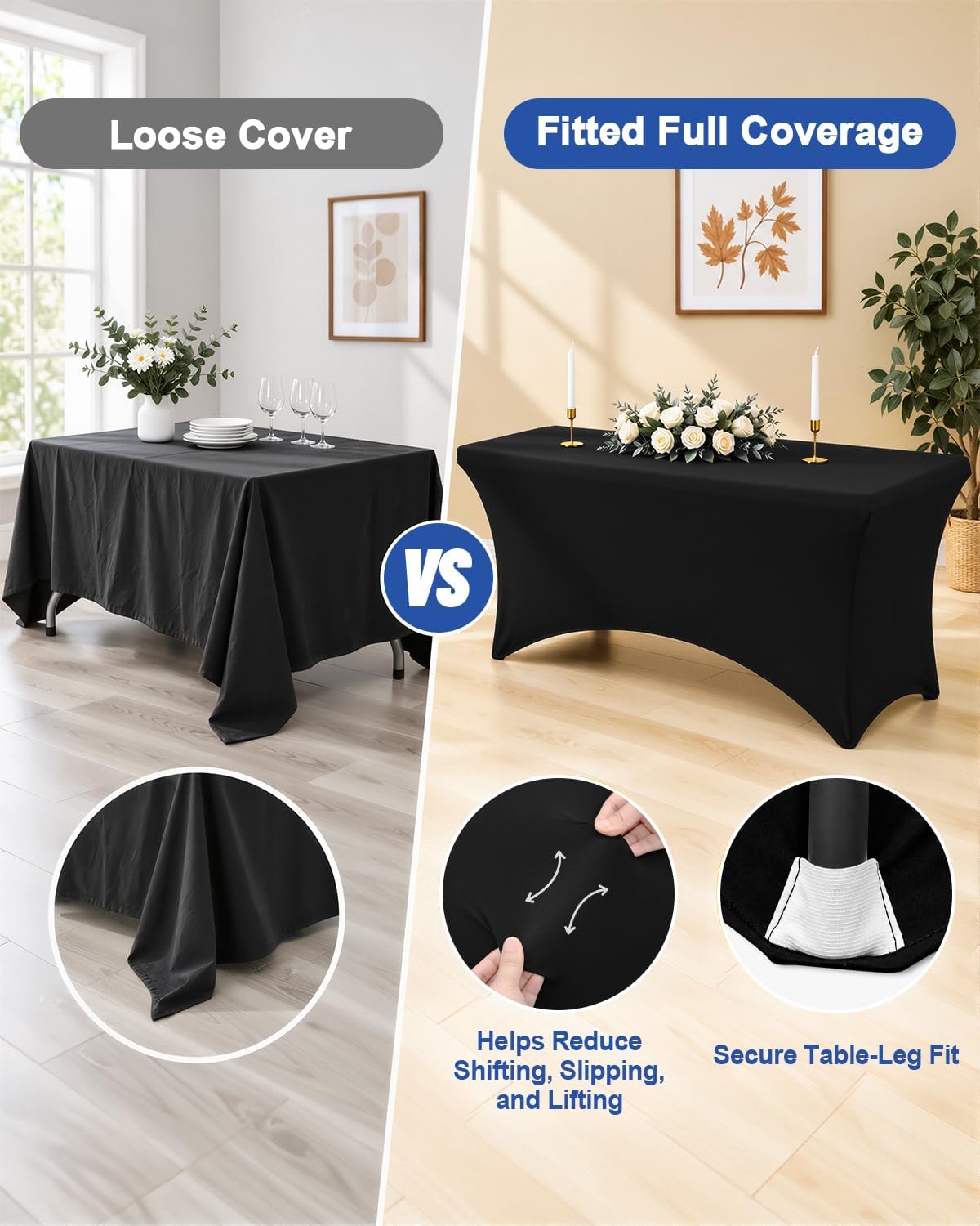 2 Pack Spandex Table Cloth 6FT, Elastic Fitted Black Tablecloth