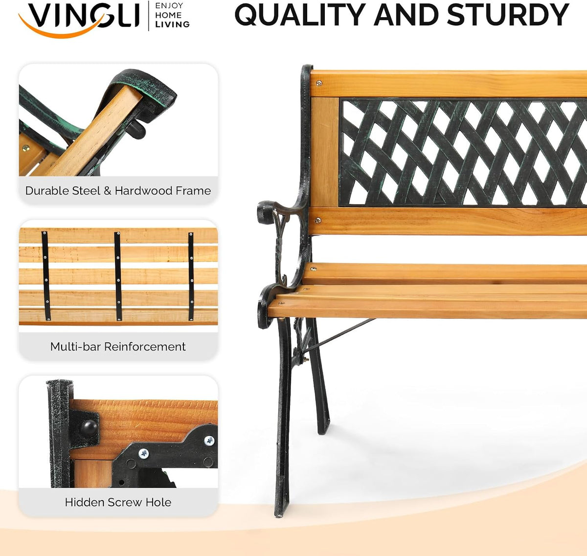 Outdoor Bench, Weather Resistant Cast Iron Frame＆Teak Wood Seat w/PVC Backrest, 3-Person 470lbs Capacity Garden Bench