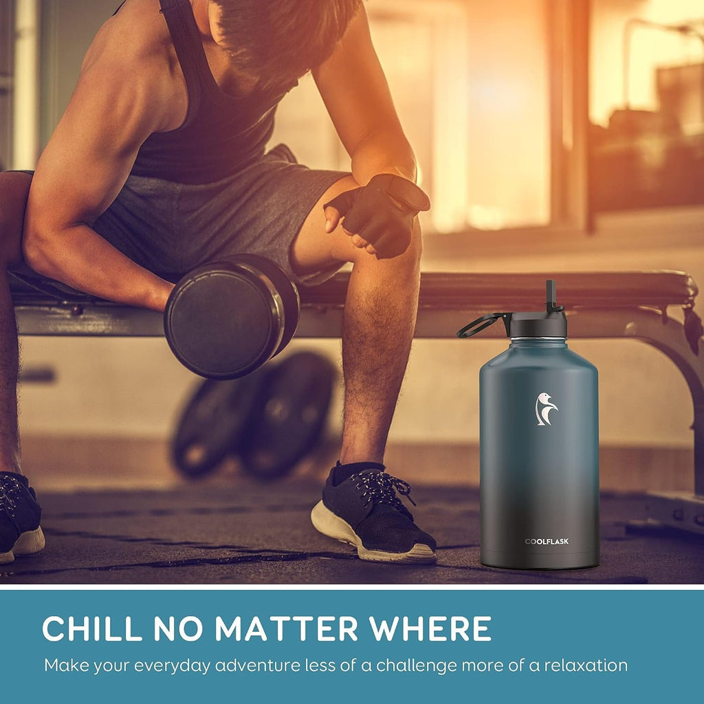 128 oz Gallon Water Bottle Insulated with Straw & 3 Leakproof Lid | Large Water Jug Stainless Steel Triple-Wall, Cold