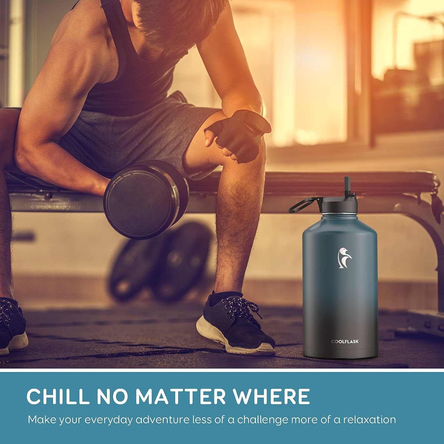 128 oz Gallon Water Bottle Insulated with Straw & 3 Leakproof Lid | Large Water Jug Stainless Steel Triple-Wall, Cold