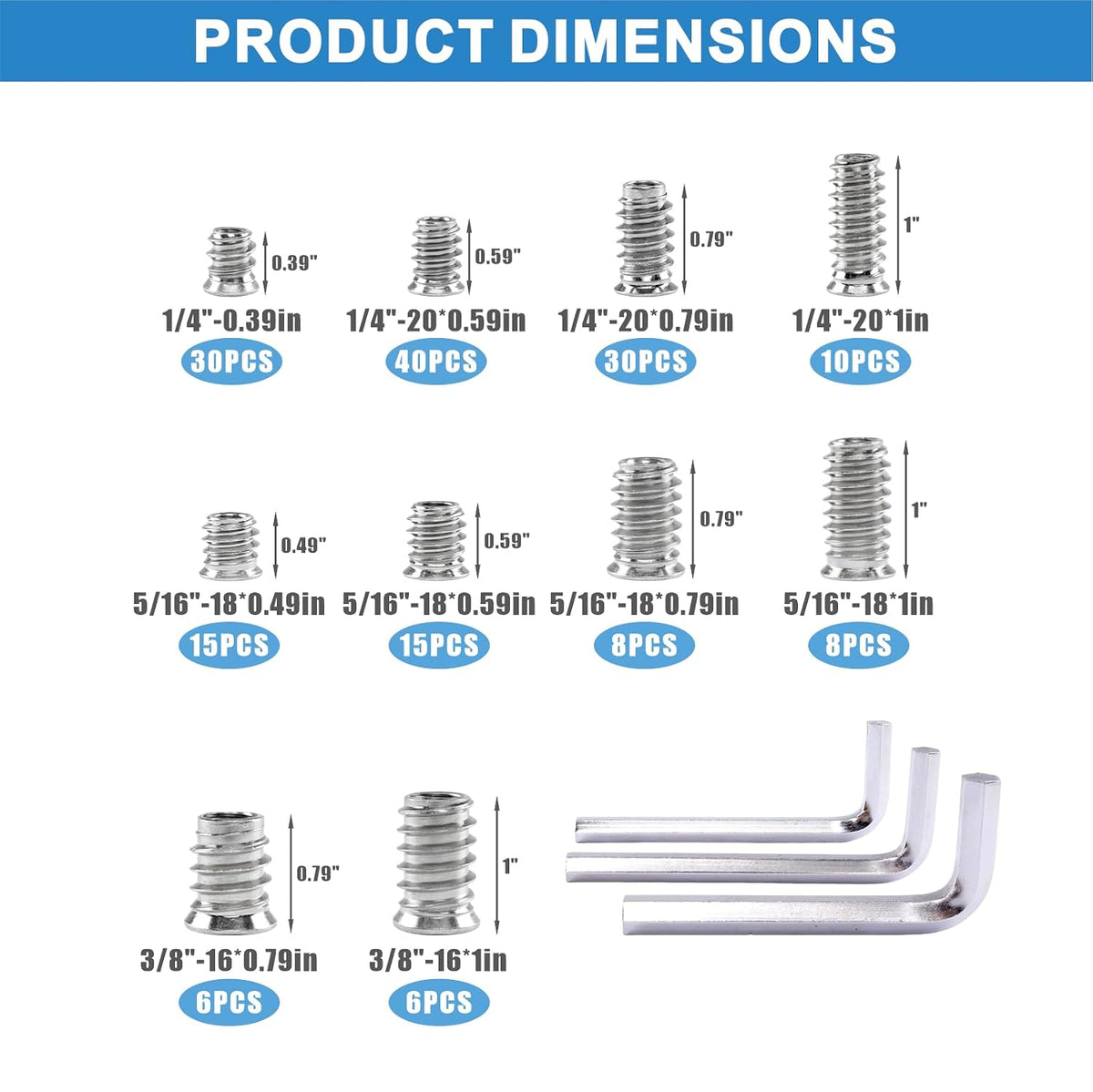 170PCS Zinc Plated Threaded Inserts for Wood Kit, 10 Sizes Steel Threaded Inserts with M6 M8 M10 Hex Wrenches, Furniture Screw Inserts for Cabinet & Woodworking