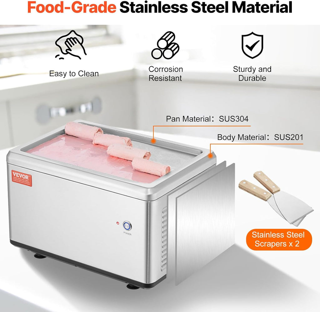 Fried Ice Cream Machine, 12.6" x 8.5" 120W Stir-Fried Ice Cream Roll Maker with Compressor and 2 Scrapers