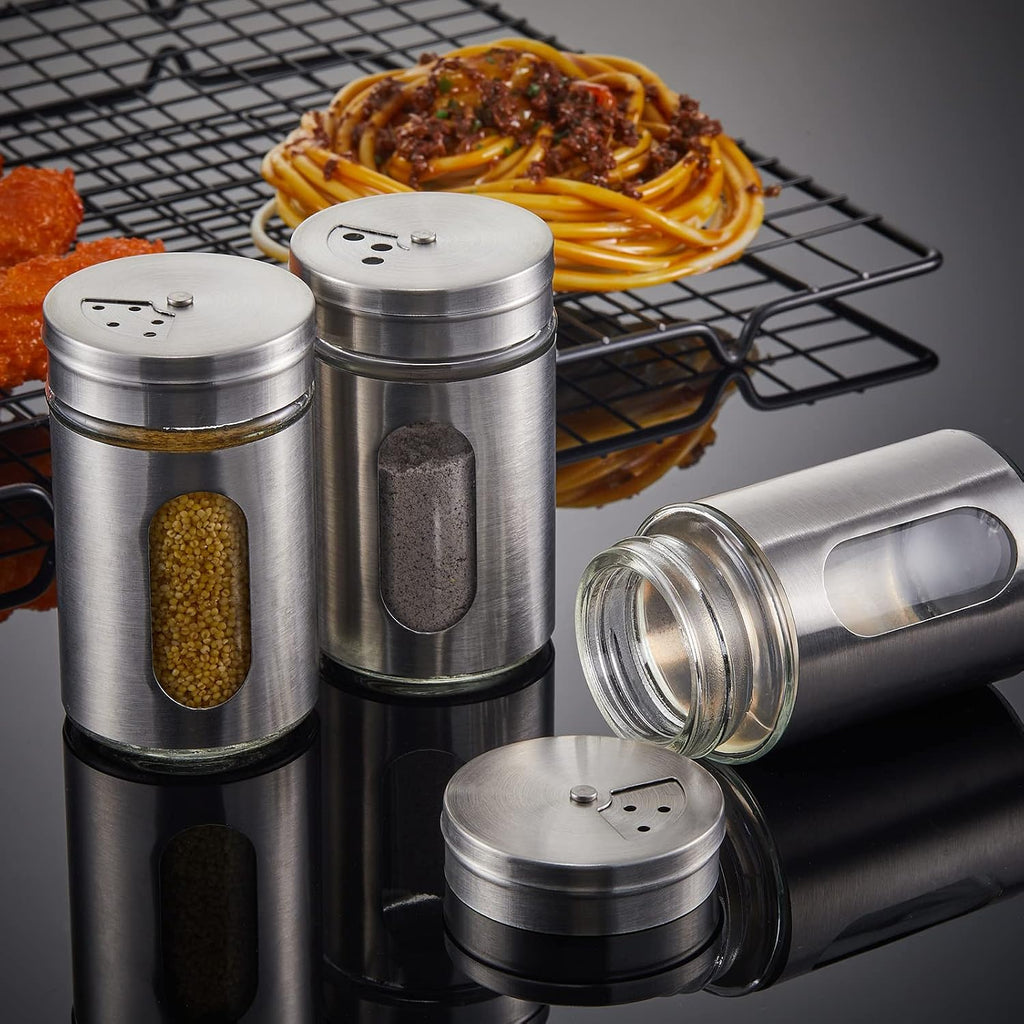 24 Pcs Salt and Pepper Shakers Stainless Steel Spice Shakers with Adjustable Pour Holes and Glass Window 3.4oz Salt