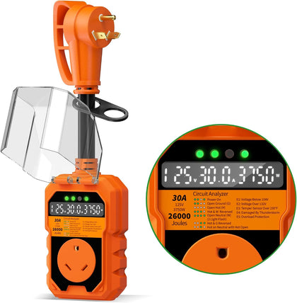 30 Amp RV Surge Protector 26000J Overload Auto Shutoff & Manual Reset | LED Display Real-Time Monitoring Circuit