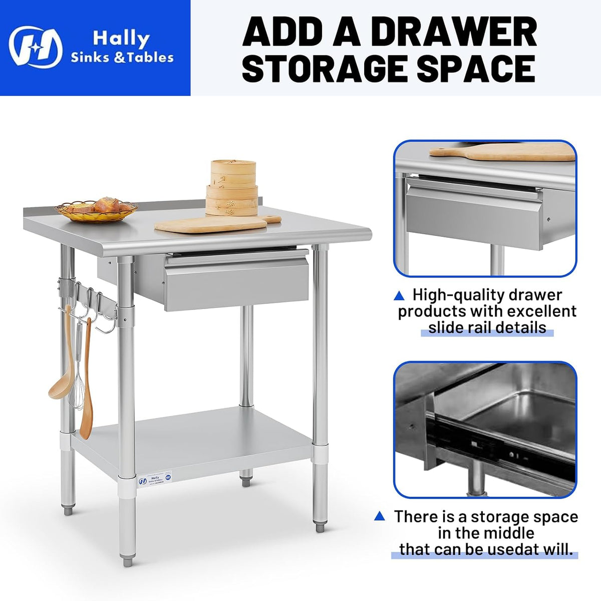 Hally 24"x30" Stainless Steel Prep Table Commercial Work Table Backsplash