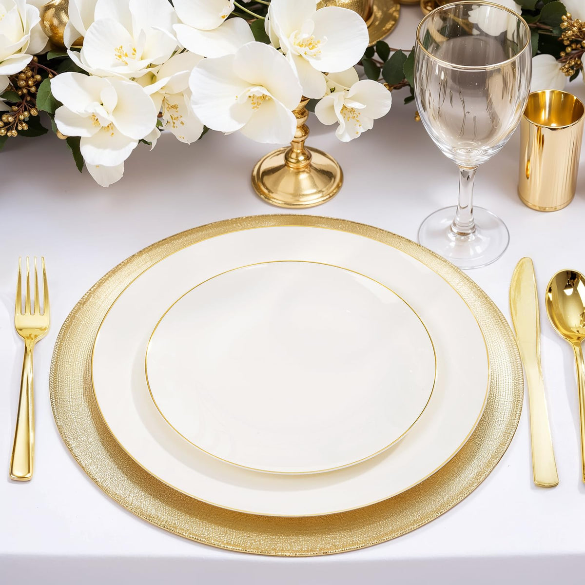 100PCS Ivory and Gold Plastic Plates 10.25″ Disposable Dinner Plate