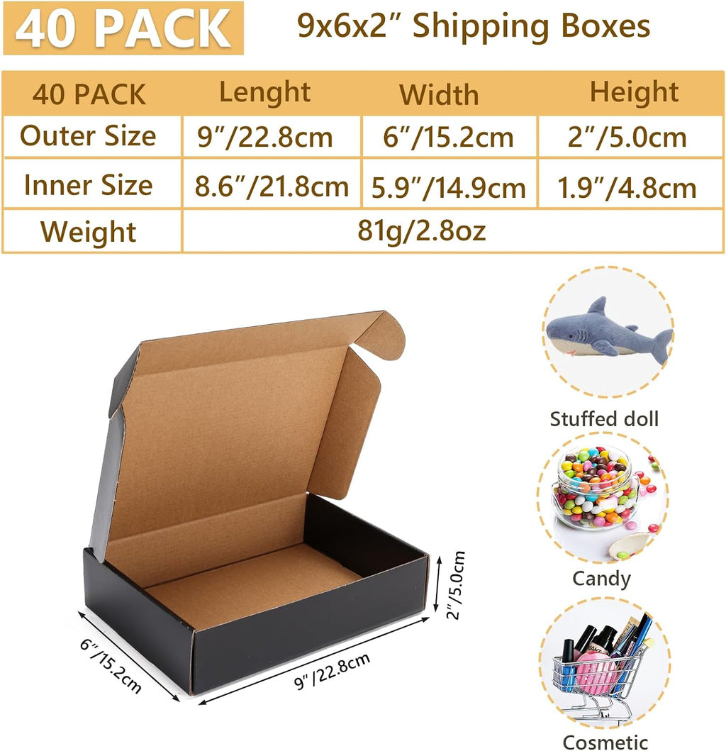 40 Pack 9x6x2 Black Shipping Boxes for Packaging Small Business