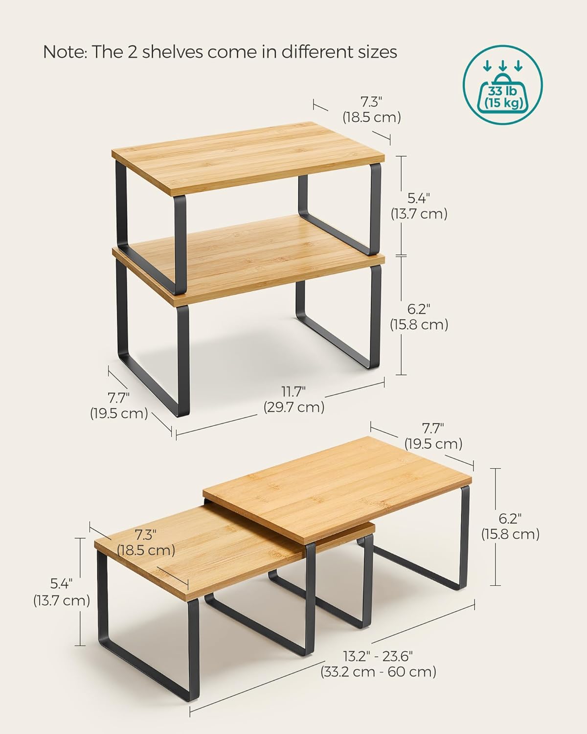 SONGMICS Cabinet Organizer Shelf, Set of 2 Kitchen Counter Shelves, Kitchen Storage, Spice Rack, Stackable