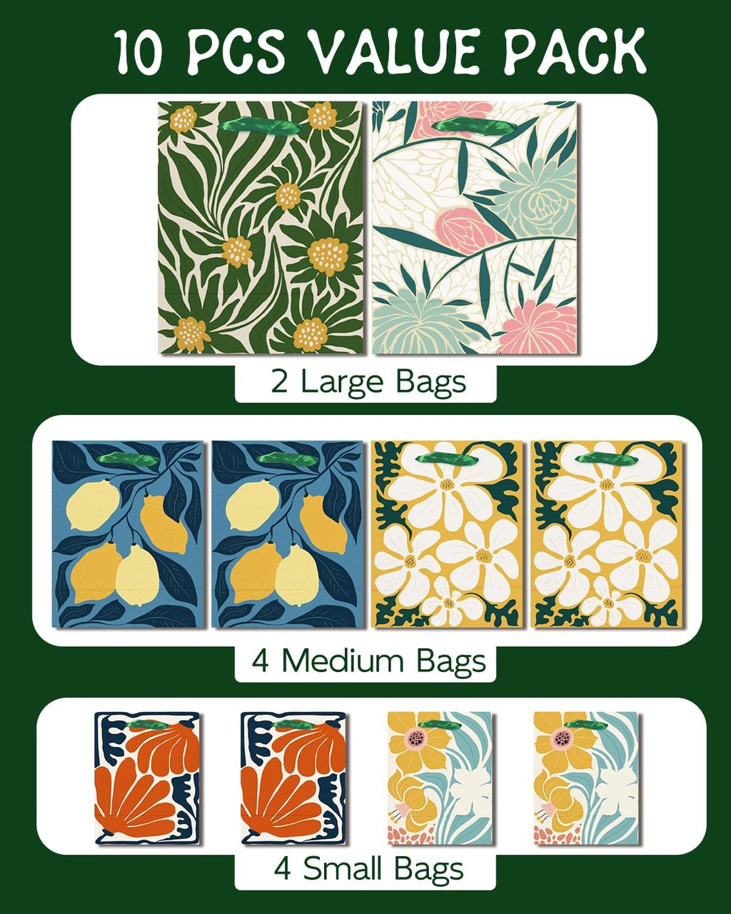 Clash Flowers Gift Bags with Tissue Paper Mulit Assorted Sizes 10PCS Present Party Favor Birthday Bags(2pcs Large