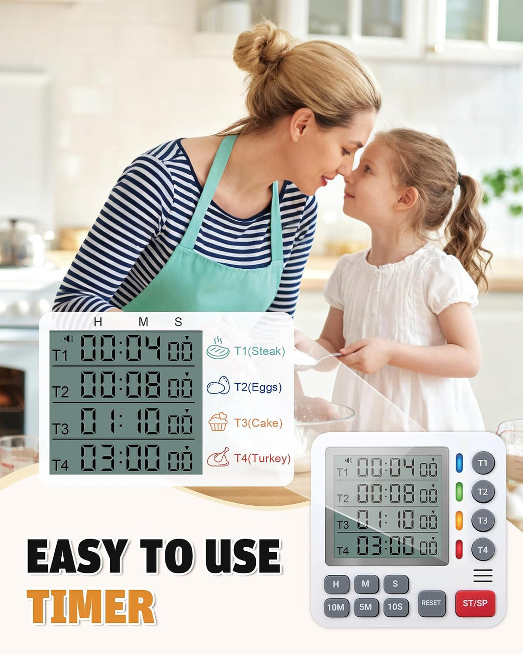 Digital Kitchen Timer - 4-Channel Cooking Timer with Alarm, Magnetic Back, Loud & Silent Modes, Count Up/Down, Ideal