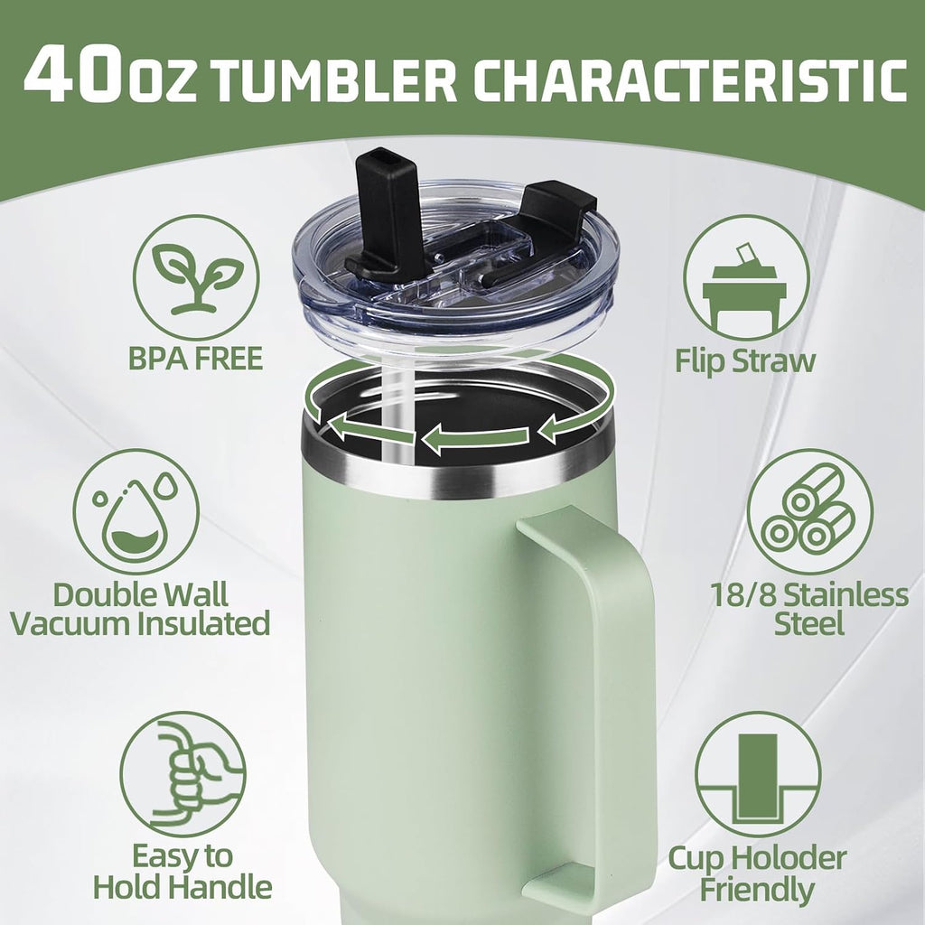 40 oz Tumbler with Handle and Flip Straw, 100% Leakproof Insulated Tumbler with Lid and Straw, Stainless Steel Travel
