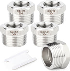 TAISHER 5PCS 304 Stainless Steel New Reducer Hex Bushing, 3/4" NPT Male x 1/2" NPT Female, Reducing Pipe Adapter Fitting