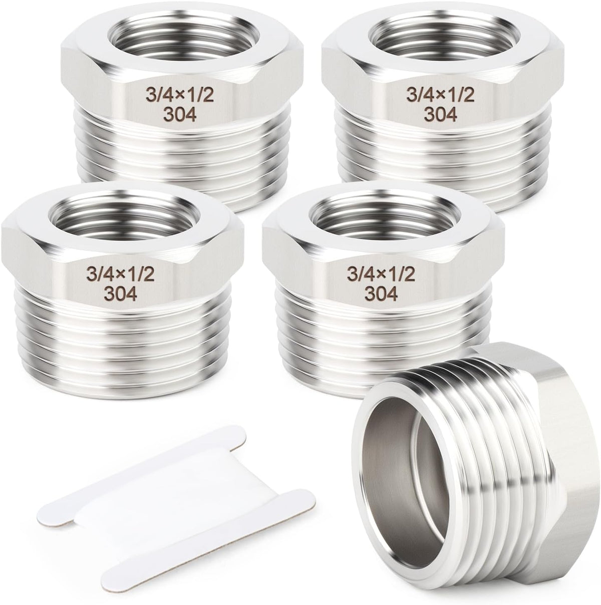 TAISHER 5PCS 304 Stainless Steel New Reducer Hex Bushing, 3/4" NPT Male x 1/2" NPT Female, Reducing Pipe Adapter Fitting