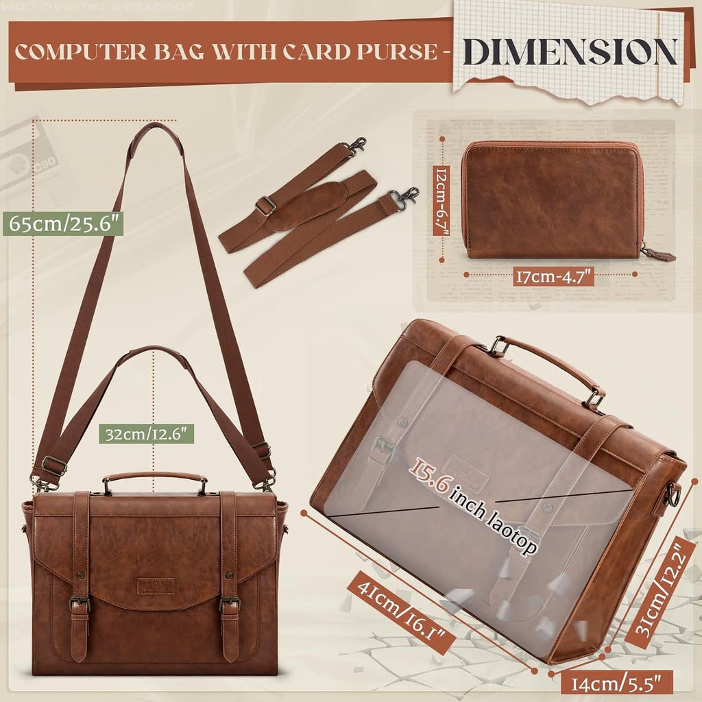 Flap Messenger Bag for Men Vintage PU Leather Laptop Bag 15.6 Inch Retro Briefcase with Wallet Satchel Computer Bag